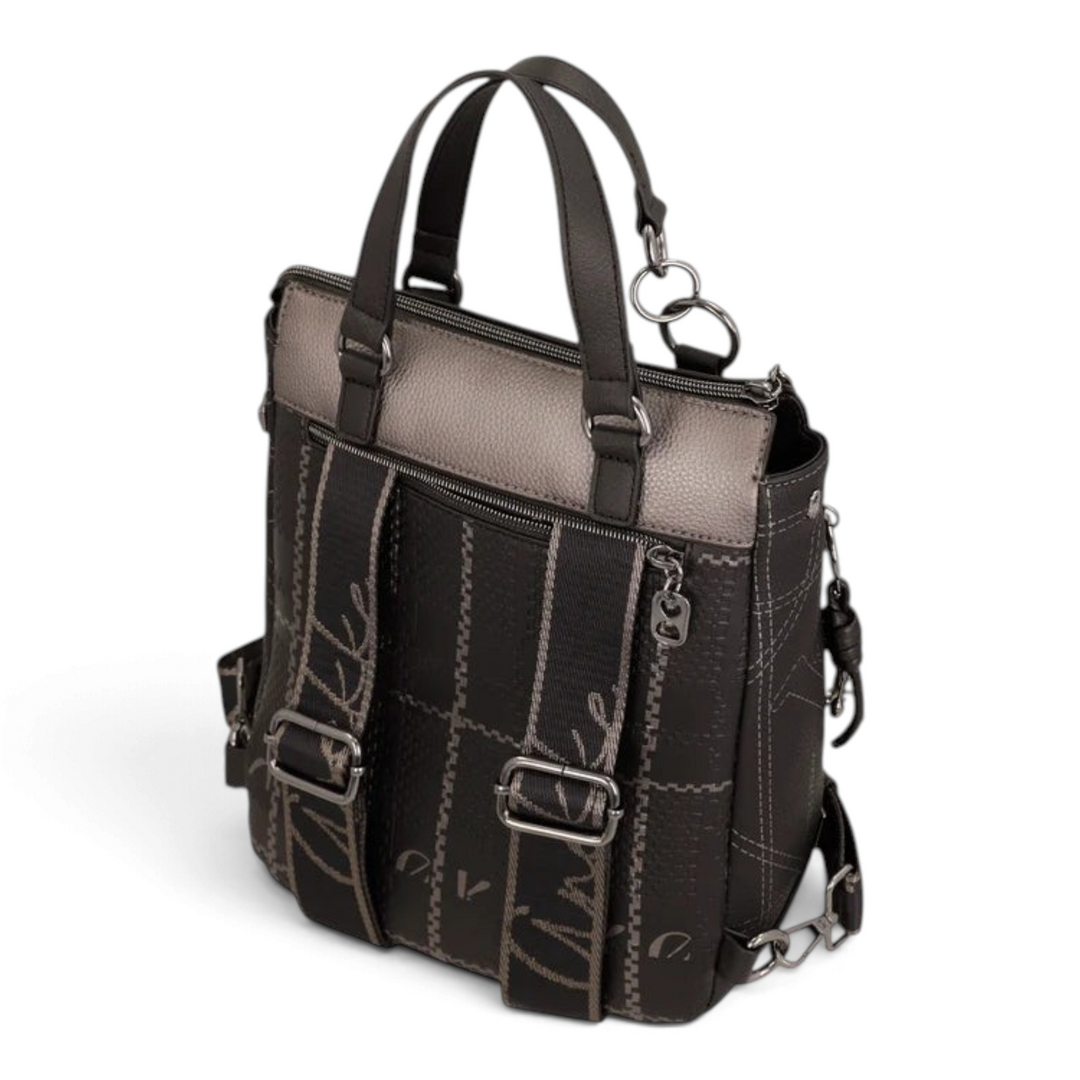 ada-shoes.ro Anekke convertible backpack in grey and black faux leather with geometric print and adjustable straps