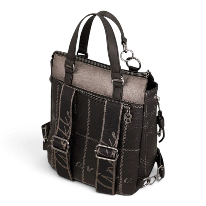 ada-shoes.ro Anekke convertible backpack in grey and black faux leather with geometric print and adjustable straps
