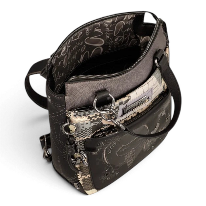 ada-shoes.ro Anekke convertible backpack in grey and black faux leather with mosaic print and metallic details