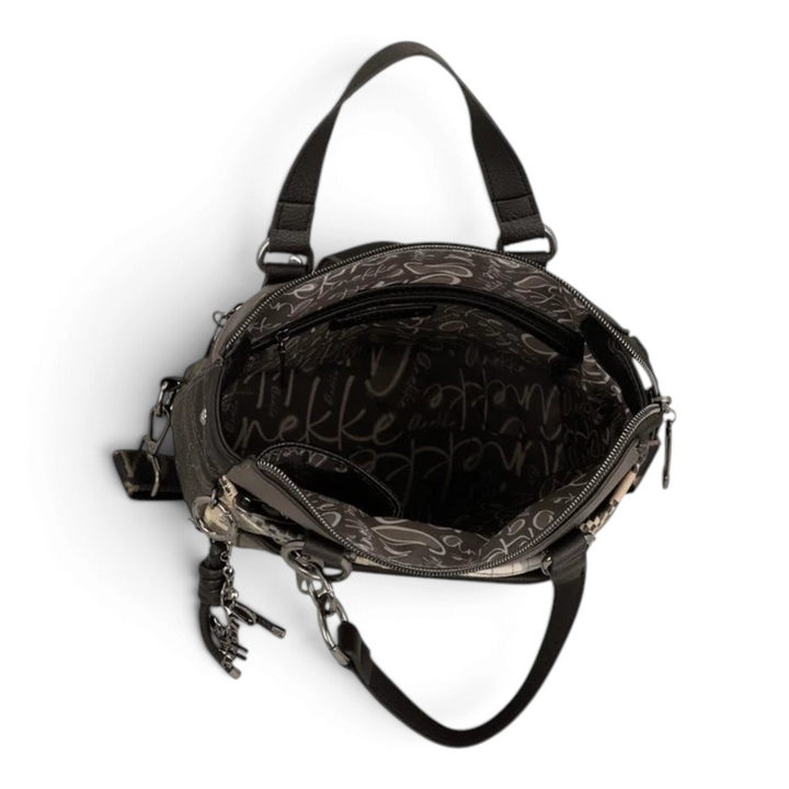 Open interior of an ada-shoes.ro Anekke convertible backpack featuring custom logo lining and organized compartments