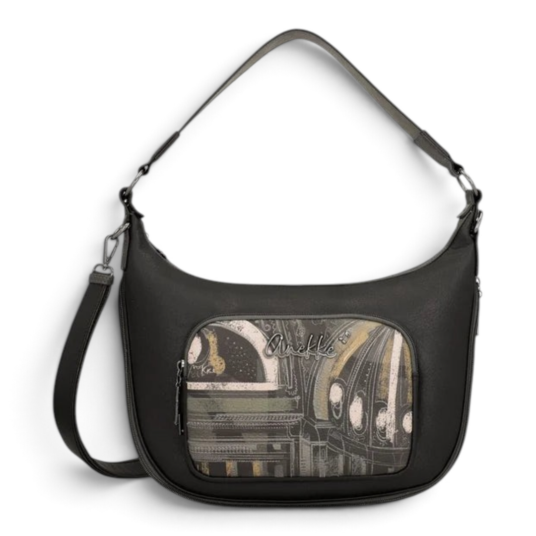 ada-shoes.ro Anekke hobo shoulder bag in black and grey faux leather with artistic print and metallic logo details