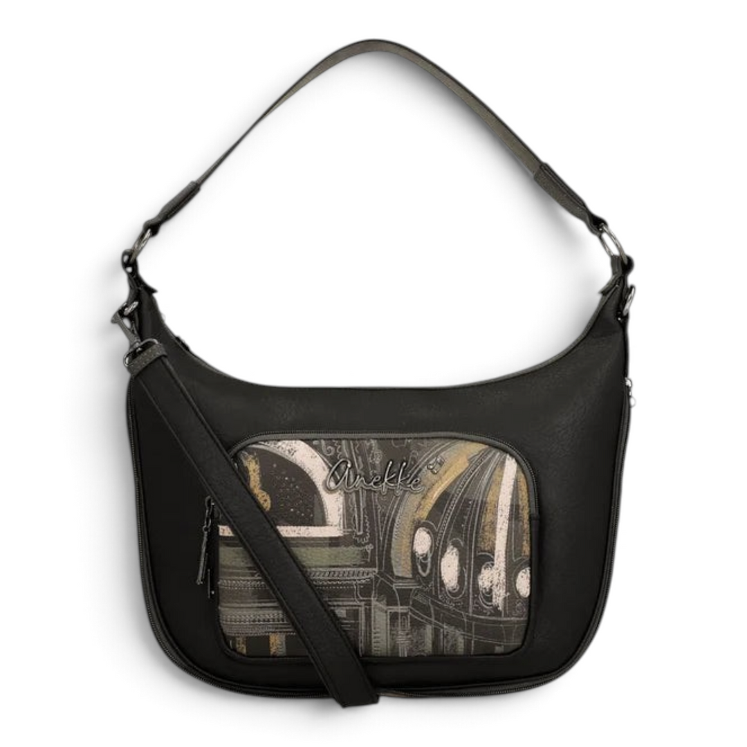 ada-shoes.ro Anekke hobo shoulder bag in black faux leather with artistic metallic print and adjustable strap