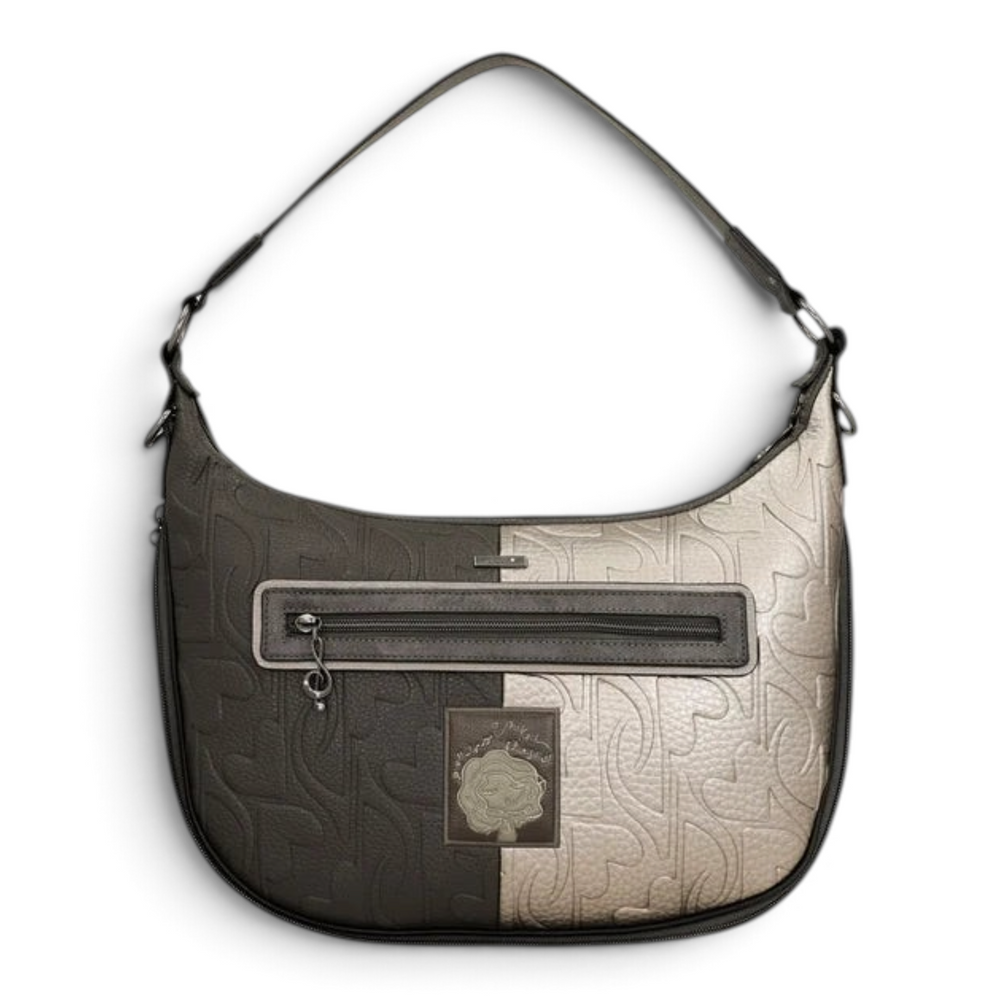 ada-shoes.ro Anekke hobo shoulder bag in black and metallic silver with embossed patterns and decorative metal charm.