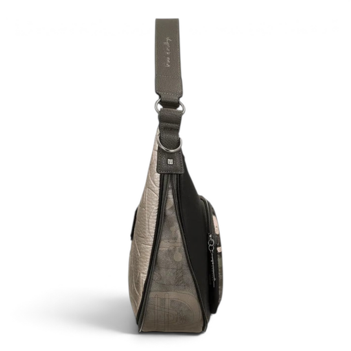 ada-shoes.ro Anekke hobo shoulder bag in black and metallic grey faux leather with side view and artistic design