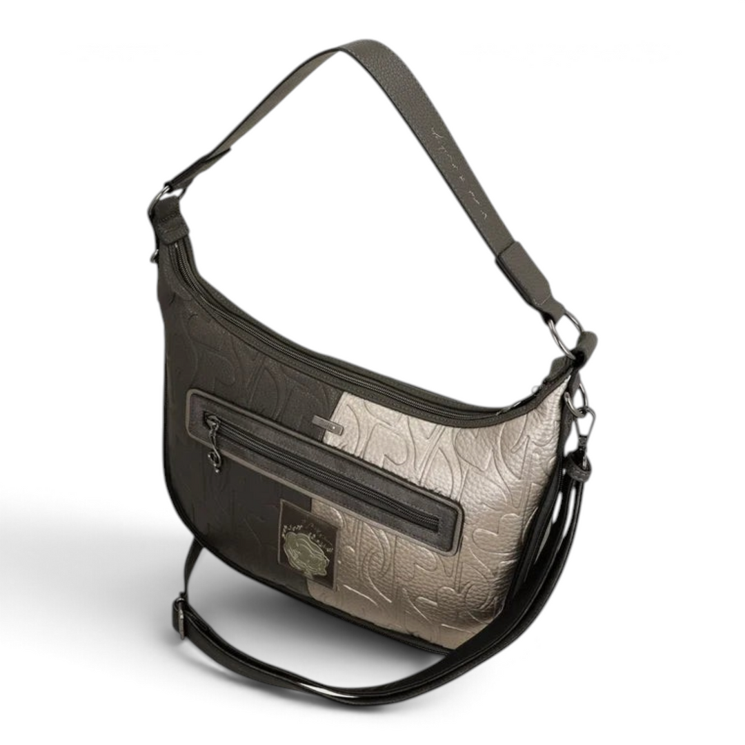 ada-shoes.ro Anekke hobo shoulder bag in black and metallic silver faux leather with embossed details and zip pockets