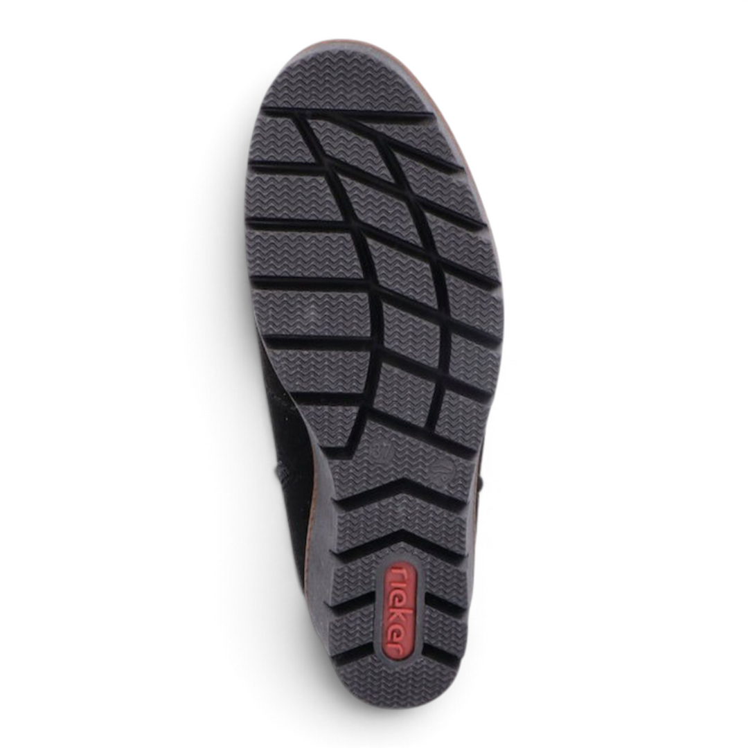 Black suede Rieker ankle boot sole with textured anti-slip tread and red logo, available at ada-shoes.ro