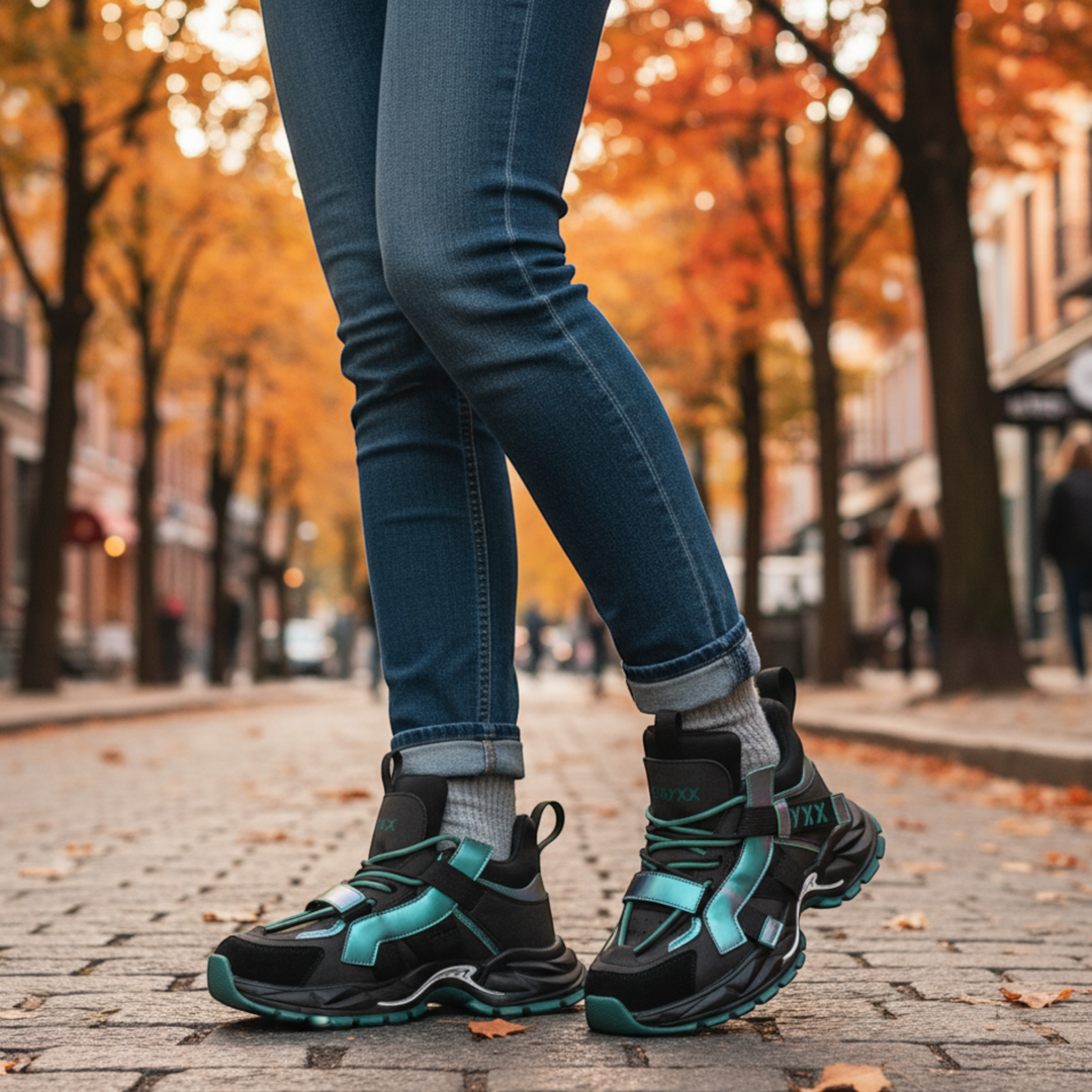 ada-shoes.ro Gryxx Sneakers 620117-V in green and black leather with a thick sole worn with jeans on a city street
