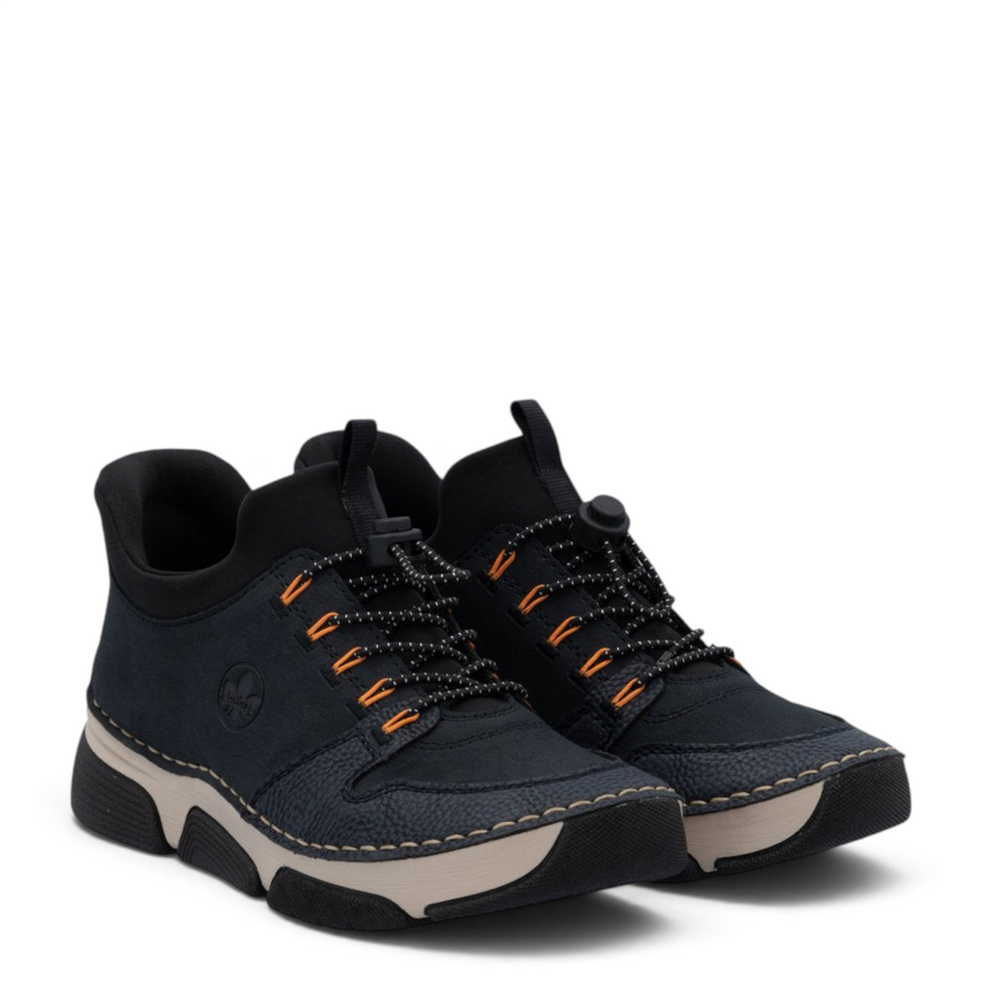ada-shoes.ro Rieker navy blue casual ankle boots with elastic laces and comfortable RIRICON wedge sole