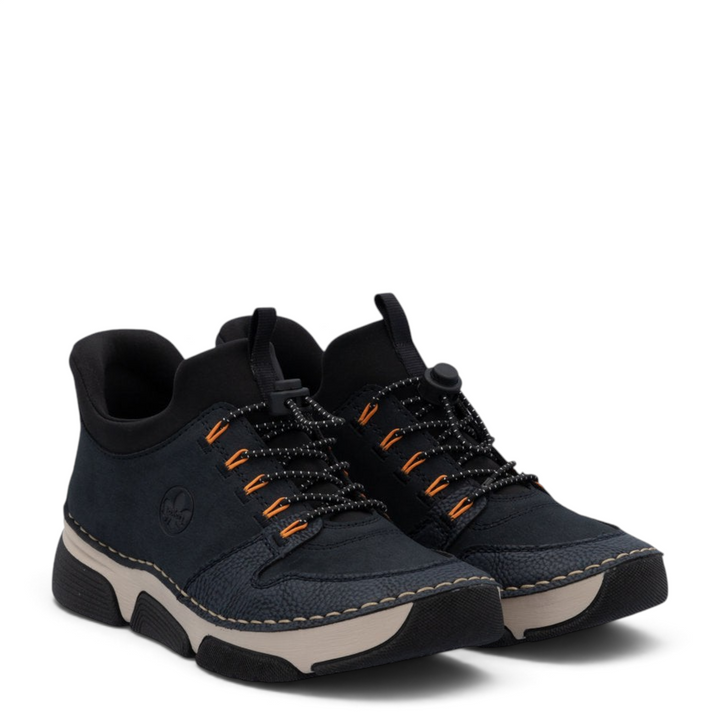 ada-shoes.ro Rieker navy blue casual ankle boots with elastic laces and comfortable RIRICON wedge sole