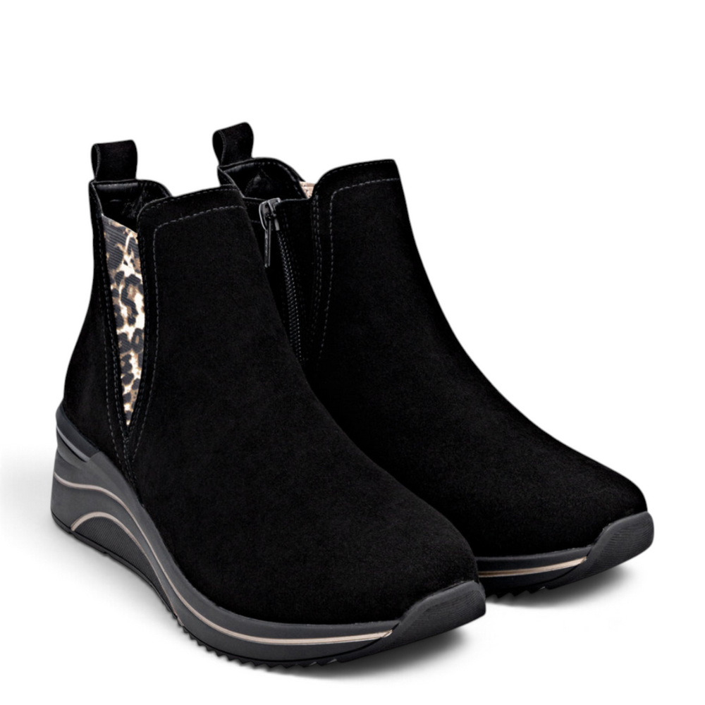 ada-shoes.ro Remonte black suede sneaker boots with leopard print elastic side panel and metallic sole detail