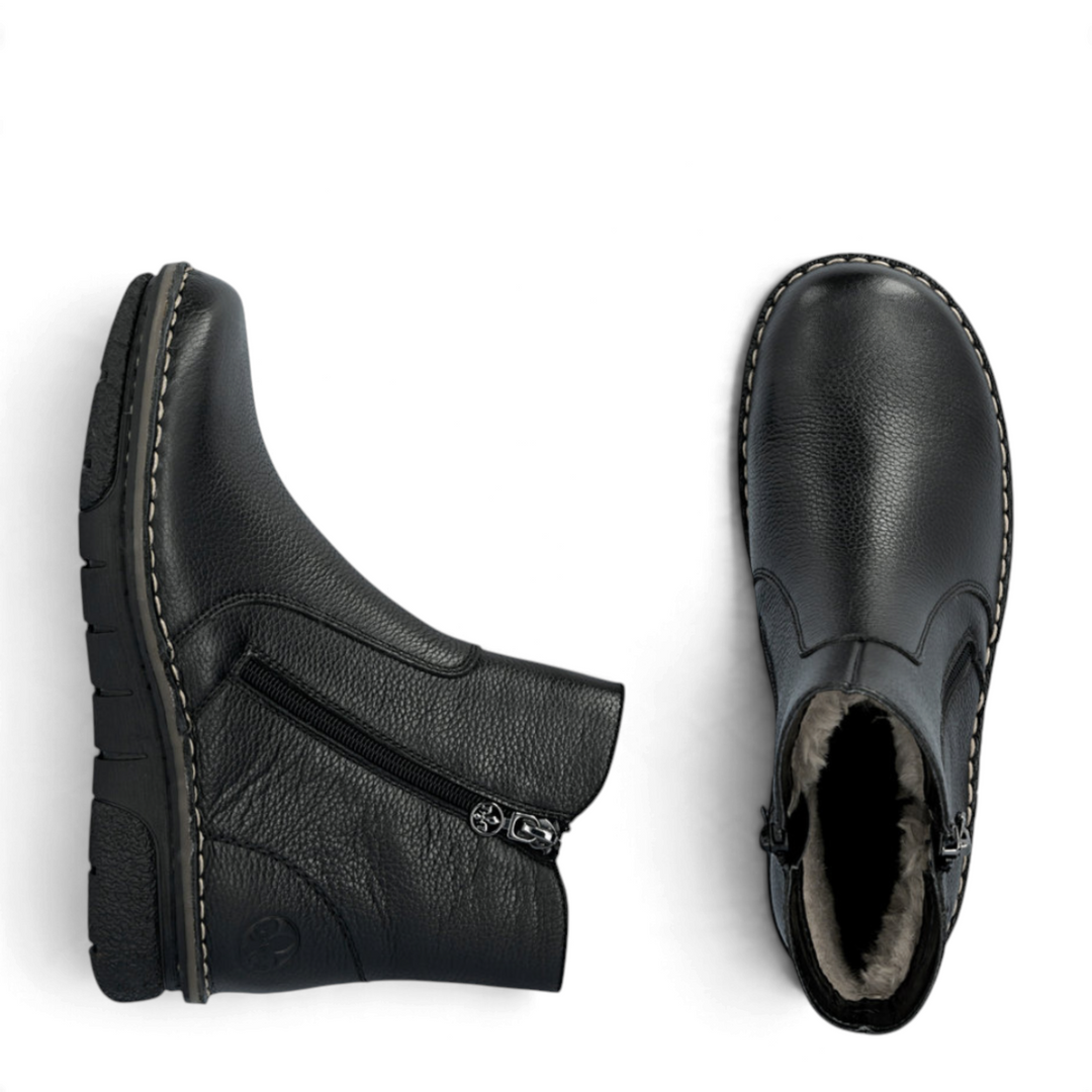 ada-shoes.ro Rieker 73365-00 black casual ankle boots with side zipper, textured faux leather, and warm lining.