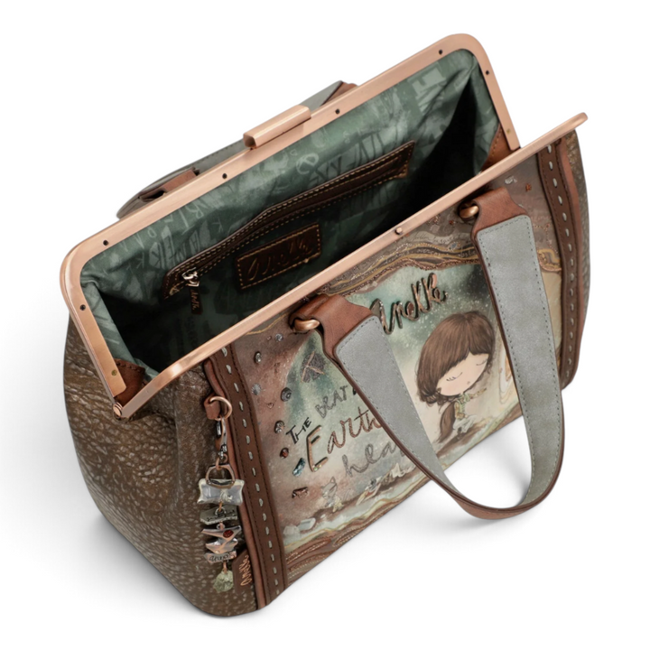 ada-shoes.ro Anekke vintage brown faux leather handbag with kiss lock frame, decorative embroidery, and top handles