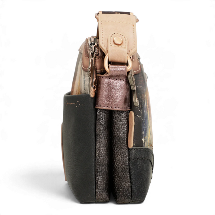 Side view of an ada-shoes.ro Anekke Dreamverse crossbody bag in warm earth tones with three zippered compartments