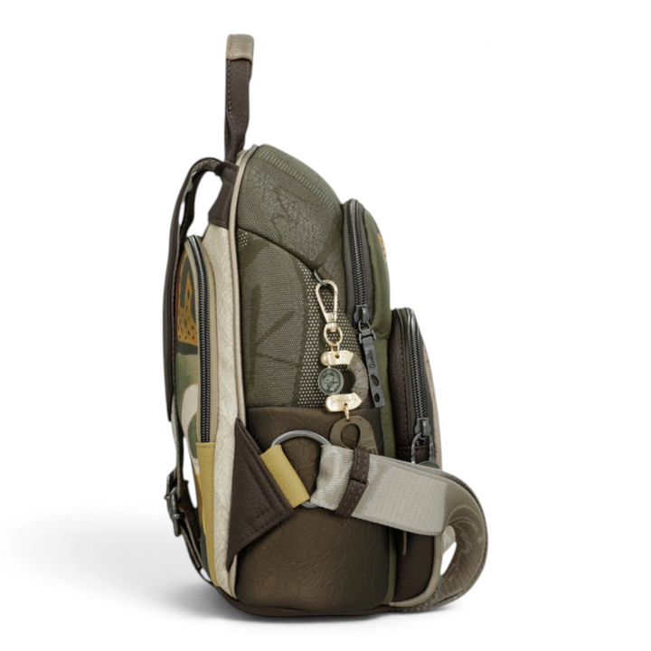 ada-shoes.ro Anekke urban backpack in olive green and brown faux leather with gold hardware and side view profile