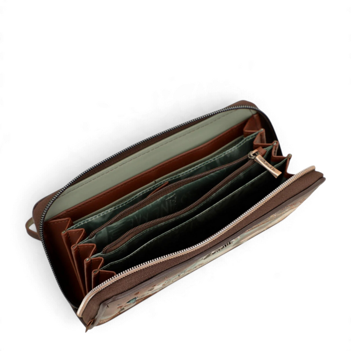 ada-shoes.ro Anekke clutch wallet in brown faux leather with an open accordion-style interior and zip closure.