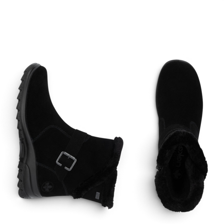 ada-shoes.ro Rieker black suede winter boots with faux fur collar and decorative buckle, side and top view