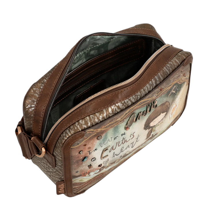 ada-shoes.ro Anekke brown faux leather casual shoulder bag with zipper closure and decorative graphic print