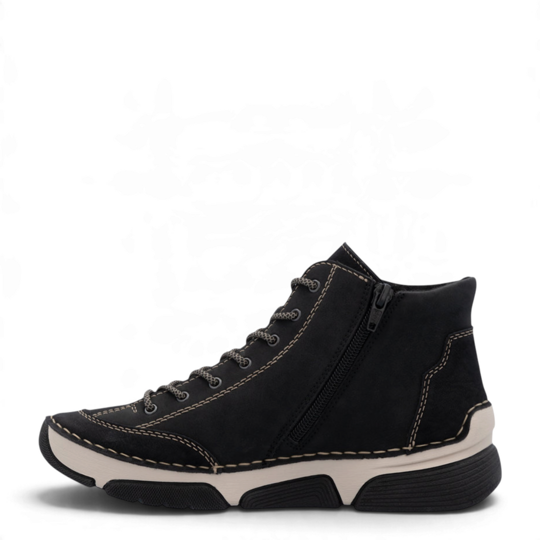 ada-shoes.ro Rieker black nubuck leather casual ankle boots with side zipper, laces, and contrast cream stitching