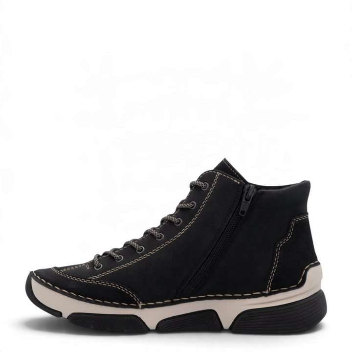 ada-shoes.ro Rieker black nubuck leather casual ankle boots with side zipper, laces, and contrast cream stitching