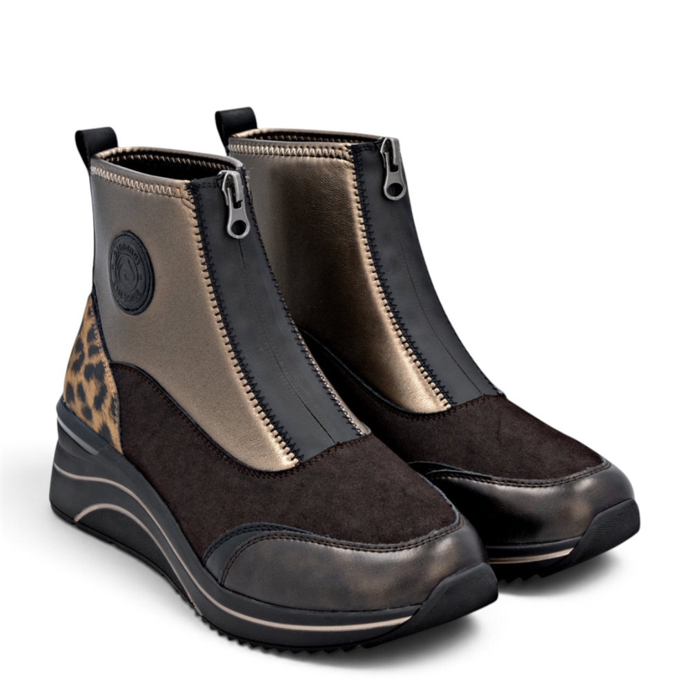 ada-shoes.ro Remonte D0T78-90 women's sneaker boots in brown and bronze with leopard print heel and front zipper