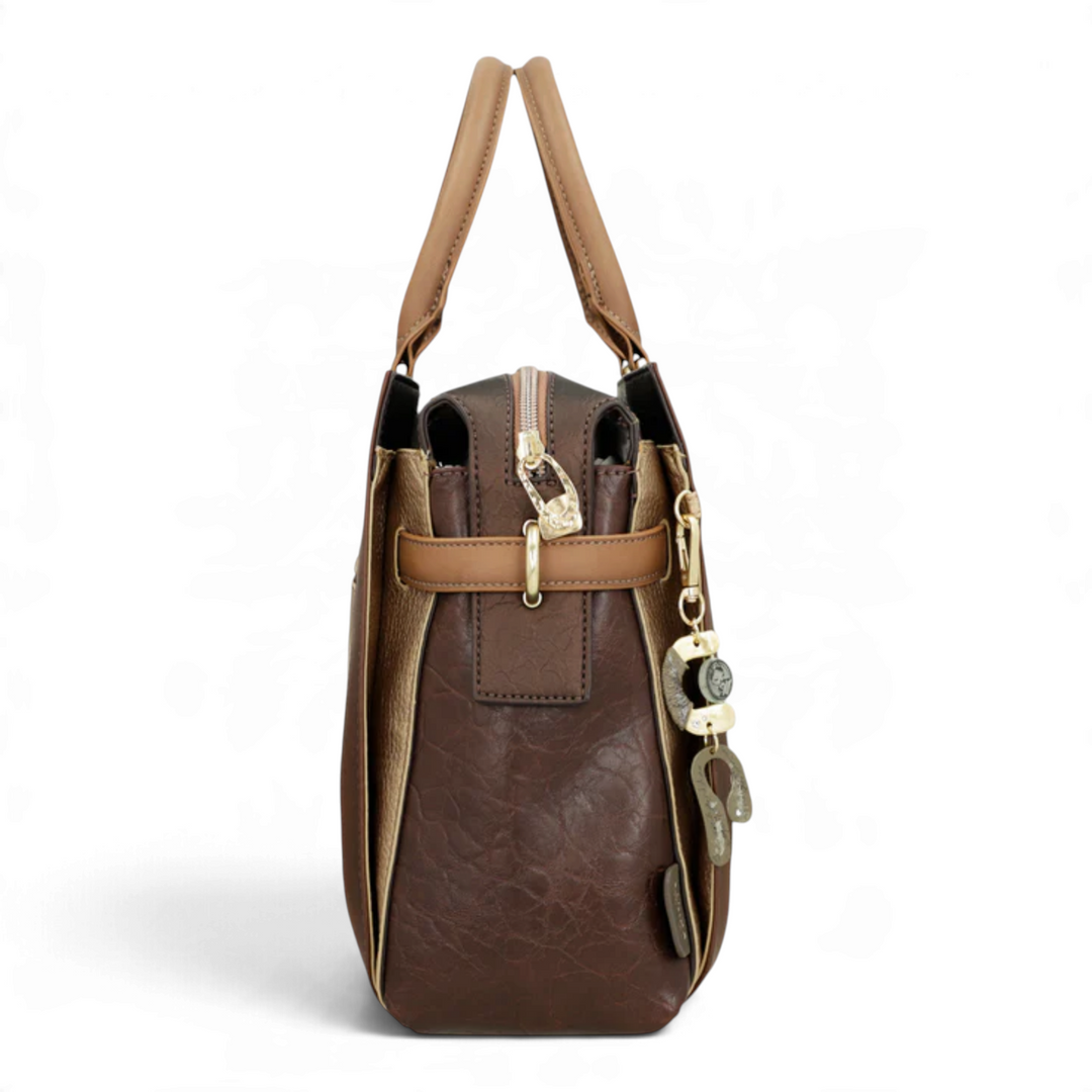 ada-shoes.ro Anekke handbag in brown and gold faux leather with side view, metallic hardware, and decorative charm