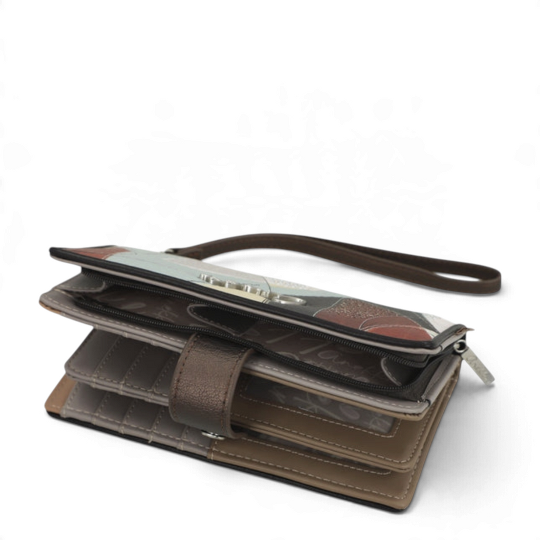 ada-shoes.ro Anekke casual wallet in brown and grey faux leather with a detachable wrist strap and zip closure