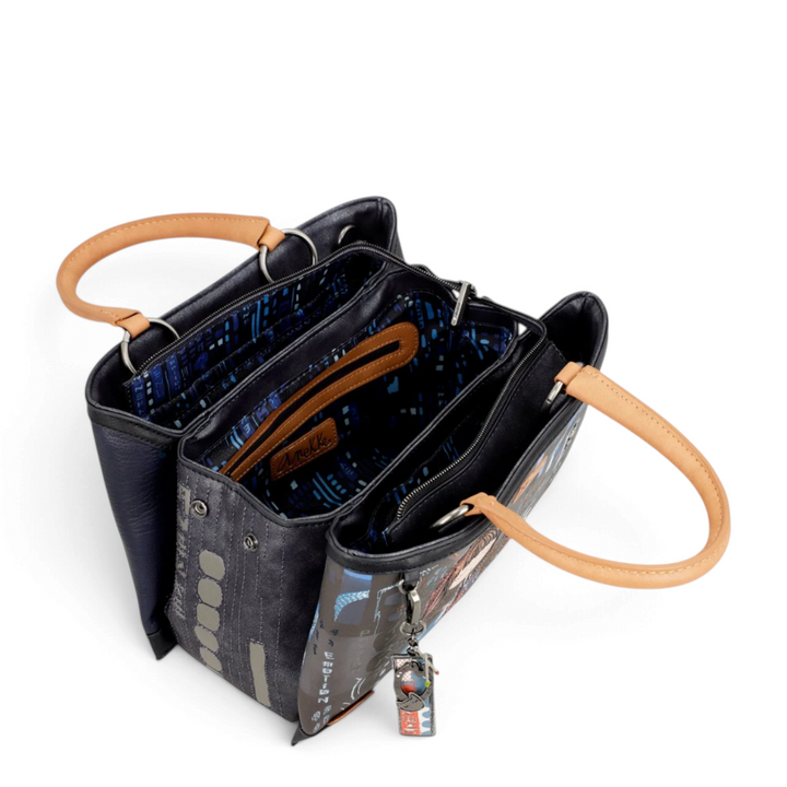 ada-shoes.ro Anekke Hollywood handbag with three zippered compartments, camel handles, and patterned interior lining