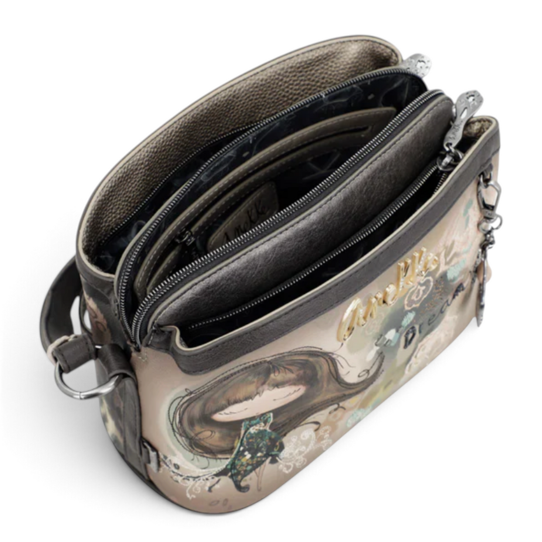 ada-shoes.ro Anekke Dreamverse crossbody bag in taupe and brown faux leather with three zippered compartments