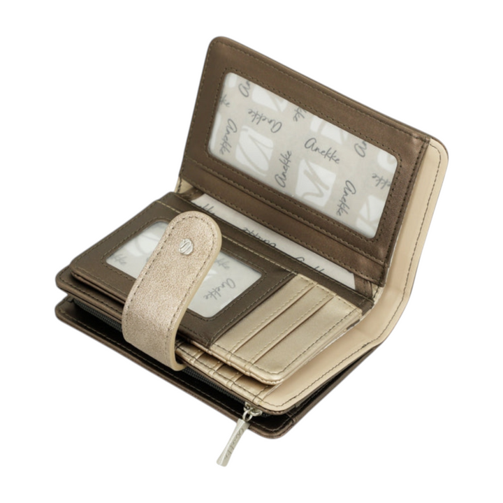 ada-shoes.ro Anekke beige faux leather wallet with snap closure, card slots, and branded interior lining