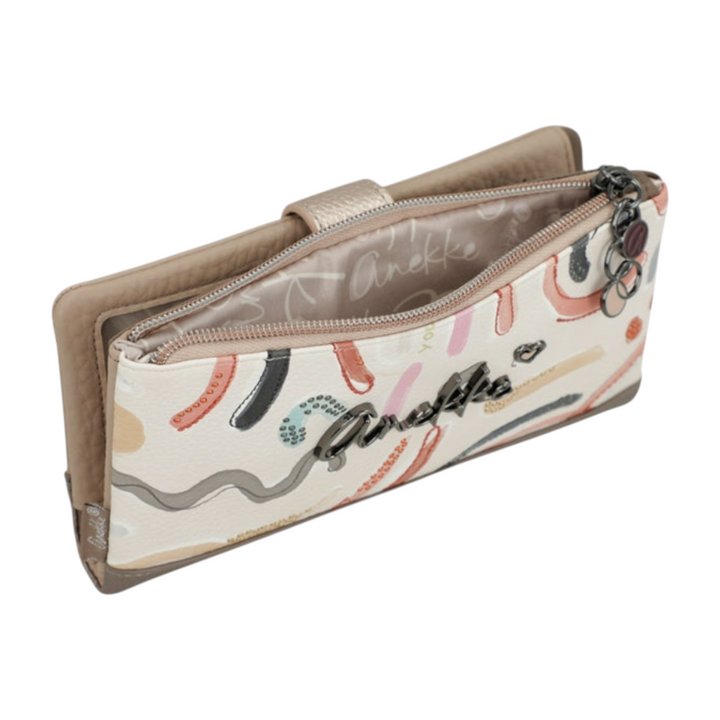 ada-shoes.ro Anekke beige faux leather wallet with abstract print, zipper closure, and metallic logo detail.
