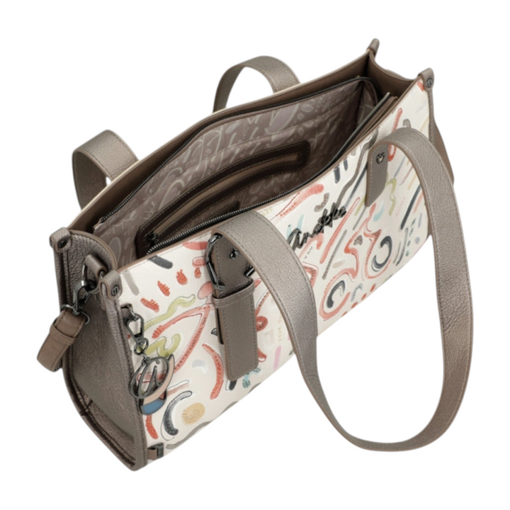 ada-shoes.ro Anekke beige faux leather handbag with patterned design, dual handles, and interior zip compartments.