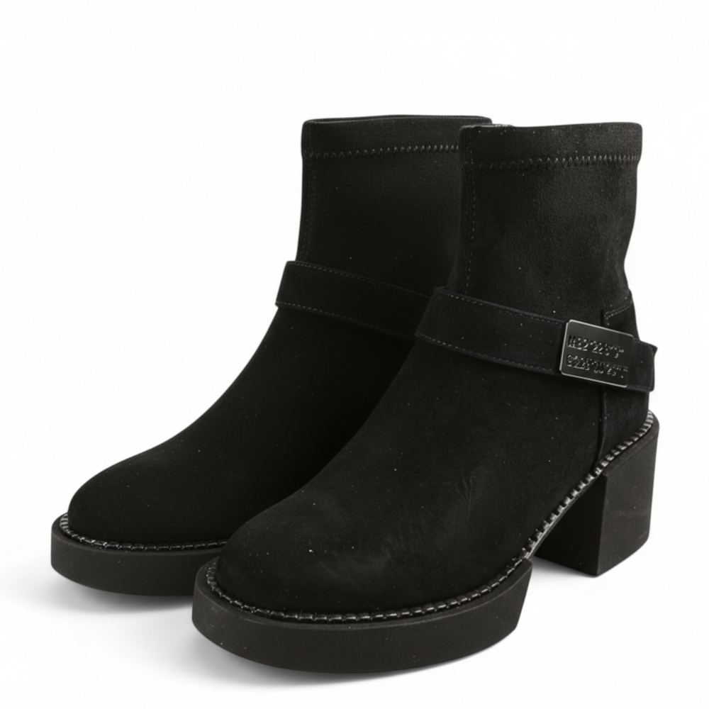 ada-shoes.ro black suede casual ankle boots with a 6.5 cm block heel and side strap detail
