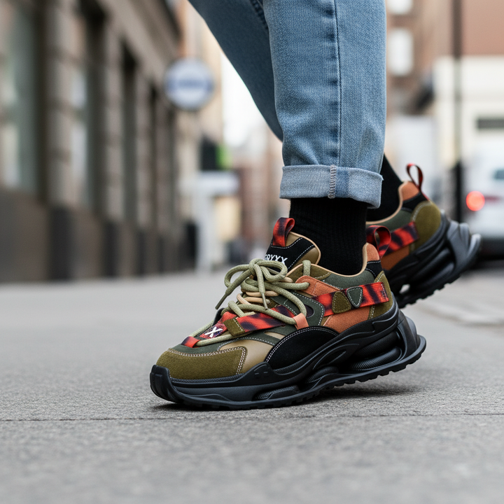 ada-shoes.ro GRYXX khaki leather sneakers with chunky black soles worn with jeans on a city street