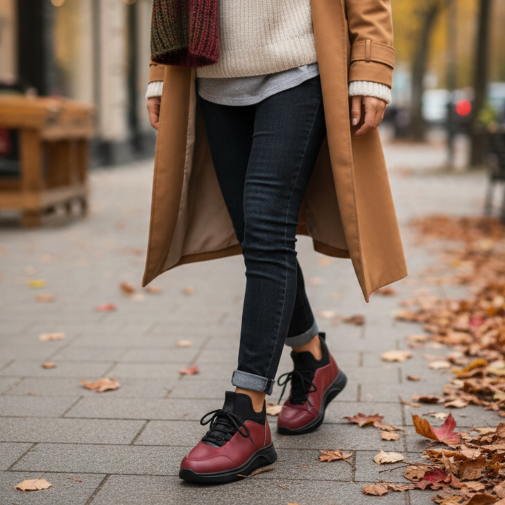 ada-shoes.ro Formazione burgundy leather casual boots with black laces and flexible soles worn on a city street