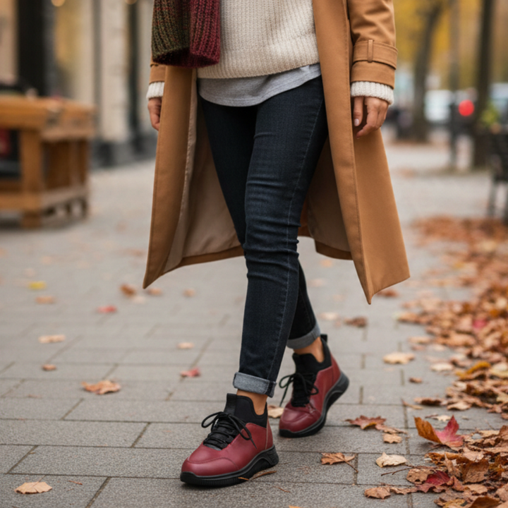 ada-shoes.ro Formazione burgundy leather casual boots with black laces and flexible soles worn on a city street
