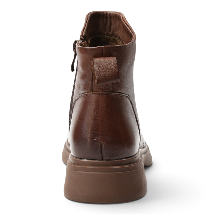 Rear view of brown leather ankle boots by ada-shoes.ro with a side zipper and thick rubber sole