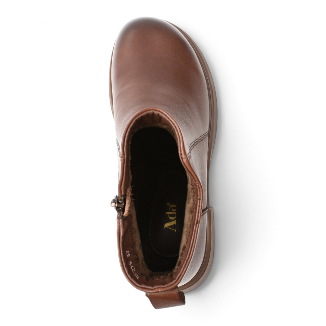 Top view of brown leather ankle boots by ada-shoes.ro with a side zipper and warm lining