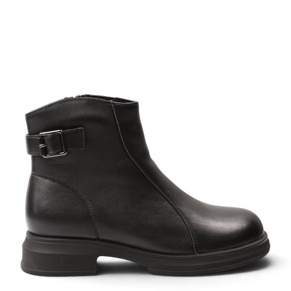 ada-shoes.ro black leather ankle boots featuring a side buckle strap and a thick rubber sole