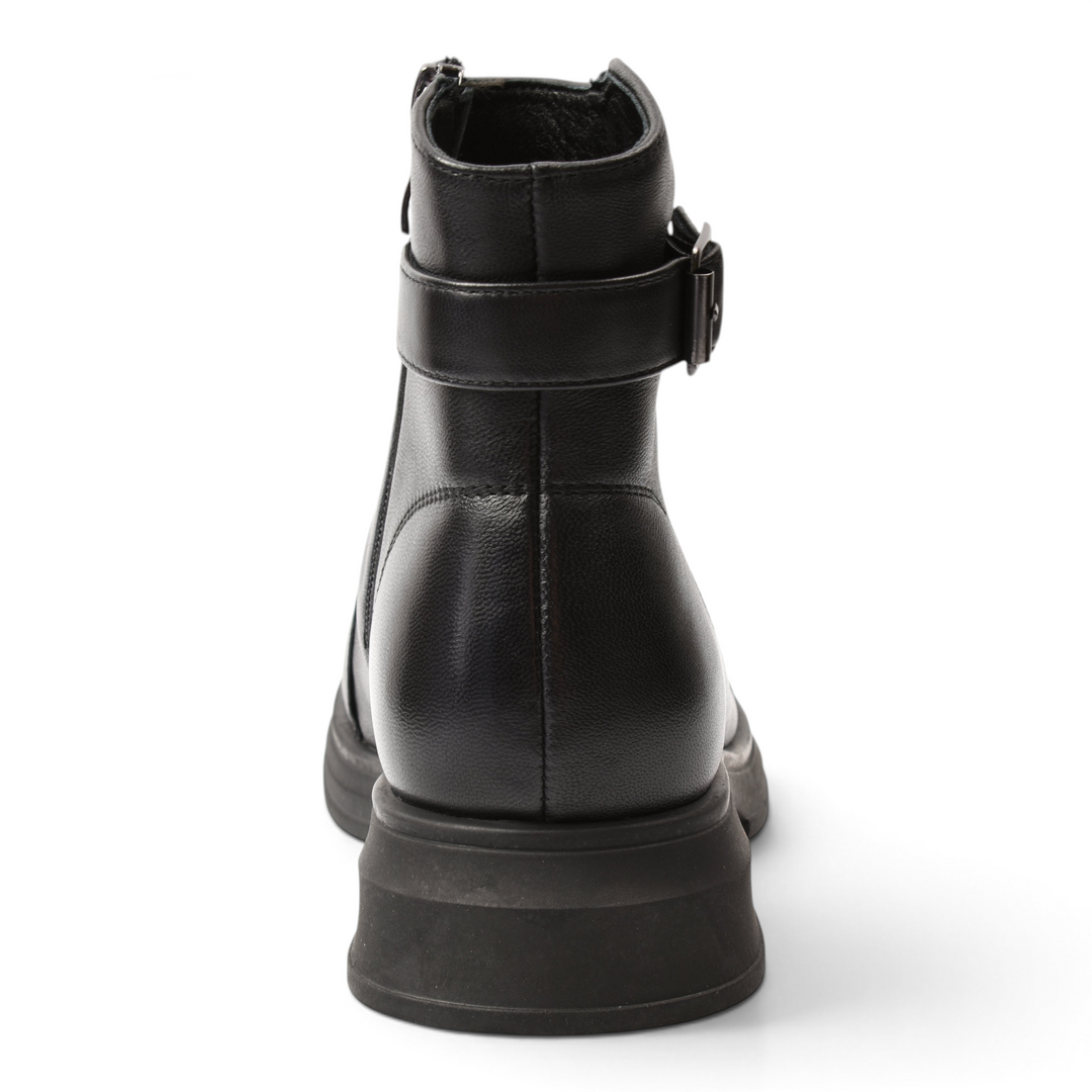 Back view of ada-shoes.ro black leather ankle boots with a side buckle strap and thick rubber sole