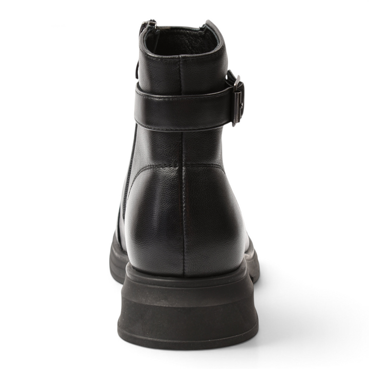 Back view of ada-shoes.ro black leather ankle boots with a side buckle strap and thick rubber sole