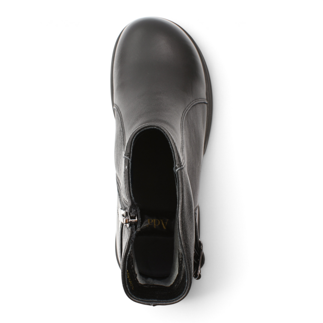 Top view of black leather ankle boots from ada-shoes.ro with a side zipper and buckle detail