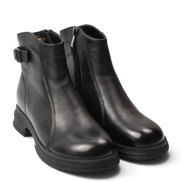 ada-shoes.ro black leather ankle boots with side zipper and decorative buckle strap on a white background