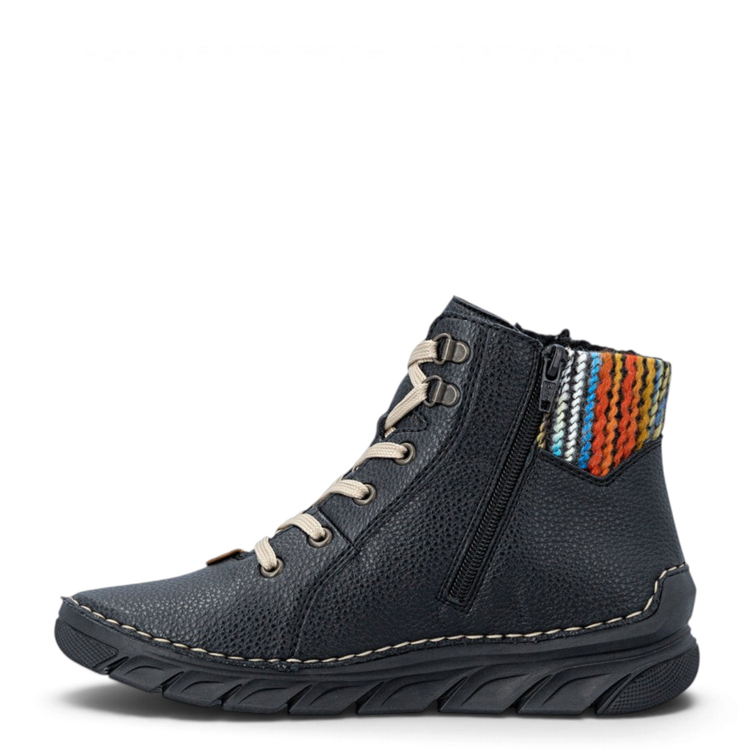 ada-shoes.ro Rieker black faux leather ankle boots with multicolor knitted collar, cream laces, and side zipper.