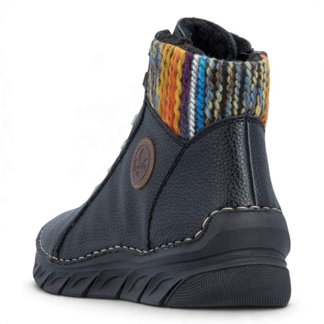 ada-shoes.ro Rieker black ankle boots with a multicolor knitted collar and textured faux leather finish, rear view.