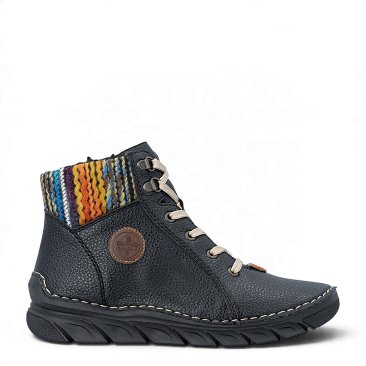 ada-shoes.ro Rieker black ankle boots with multicolor knitted collar, cream laces, and textured faux leather finish