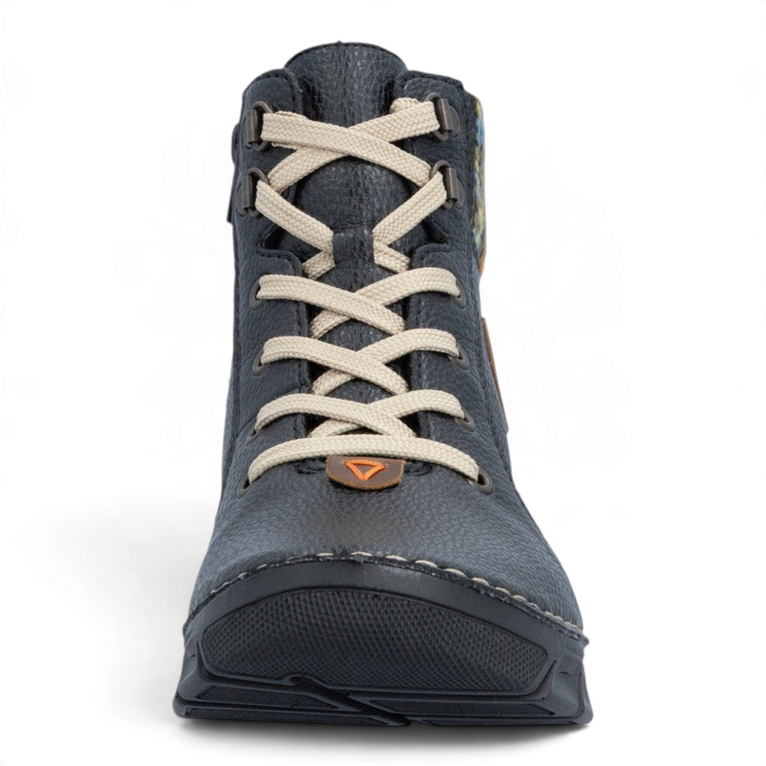 ada-shoes.ro Rieker black ankle boots with cream laces, multicolor knitted collar, and textured synthetic leather