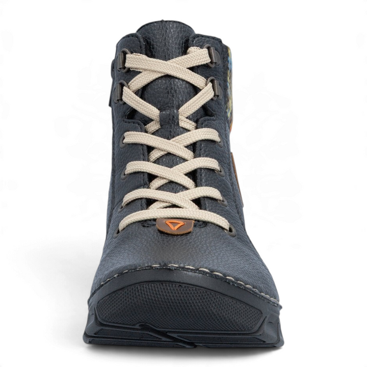 ada-shoes.ro Rieker black ankle boots with cream laces, multicolor knitted collar, and textured synthetic leather
