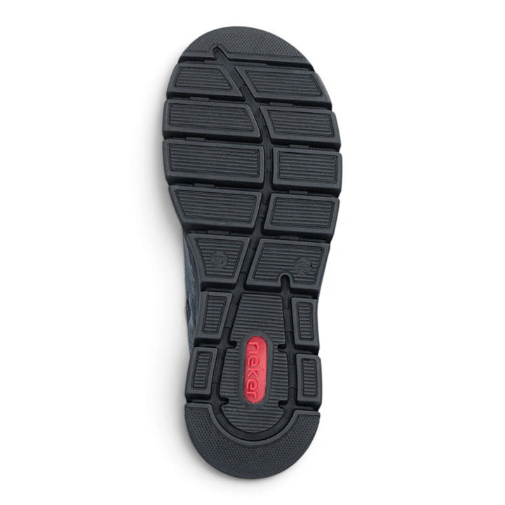 Black Rieker Antistress shoe sole with textured tread pattern and red logo detail from ada-shoes.ro