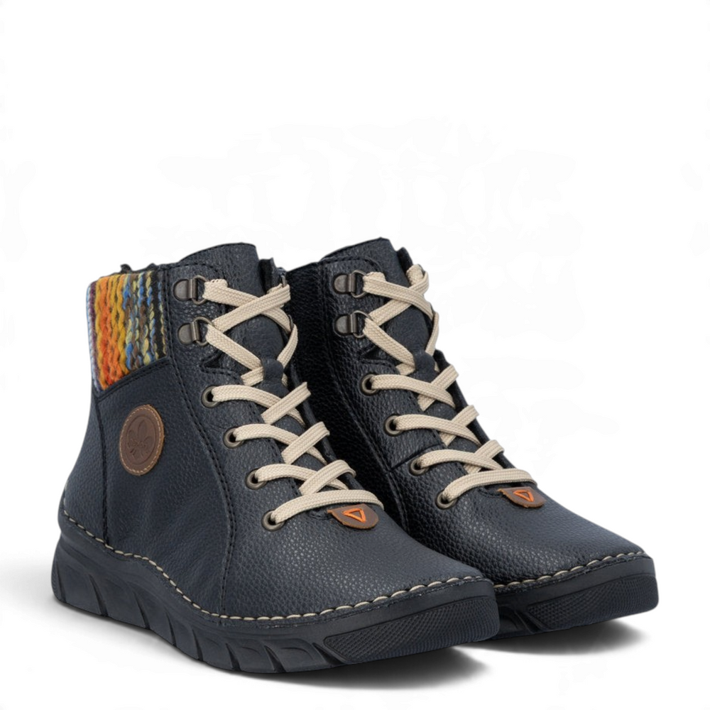 ada-shoes.ro Rieker black casual ankle boots with multicolor knitted collar, cream laces, and Antistress sole