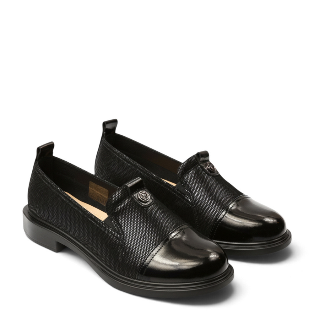 ada-shoes.ro Pass Collection black casual slip-on shoes with textured fabric and patent leather toe cap